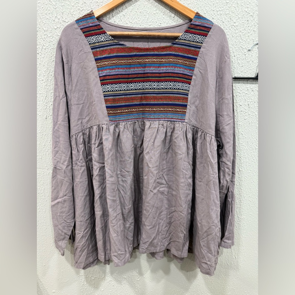 Bohemian Women’s 2X Linen Lilac Long-Sleeve Peasant Top with Multicolor Yoke
